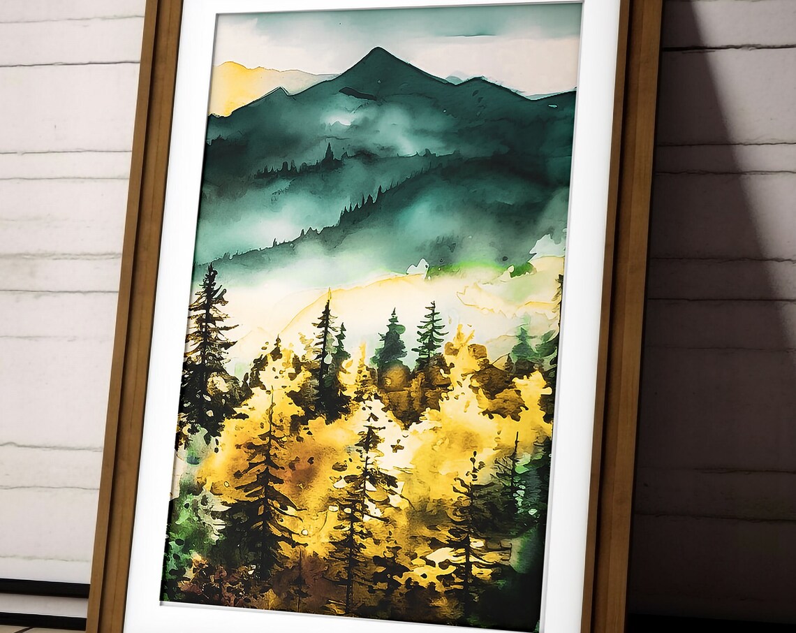 Sunrise Over Pine Forest Watercolor Golden Mist Landscape Art Print