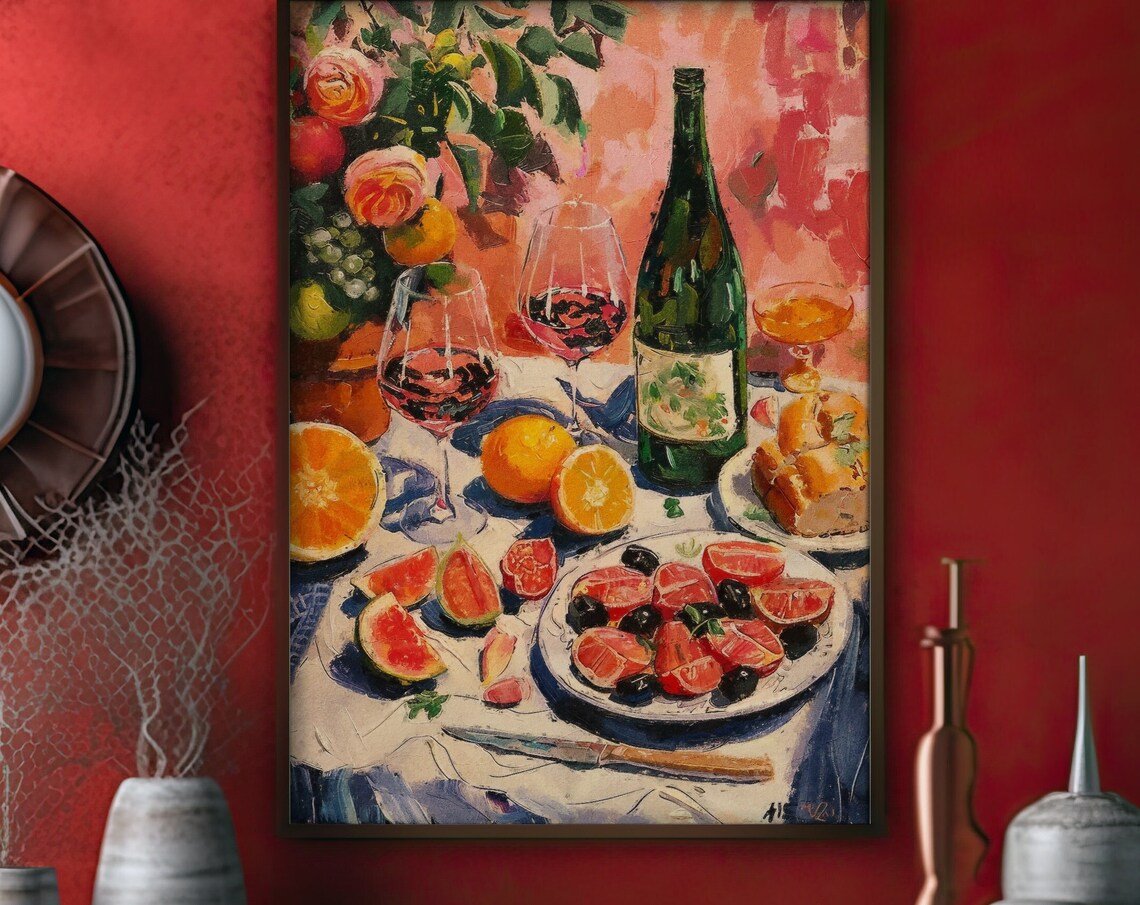 Vibrant Red Wine and Tapas Table Still Life Impressionist Kitchen Poster