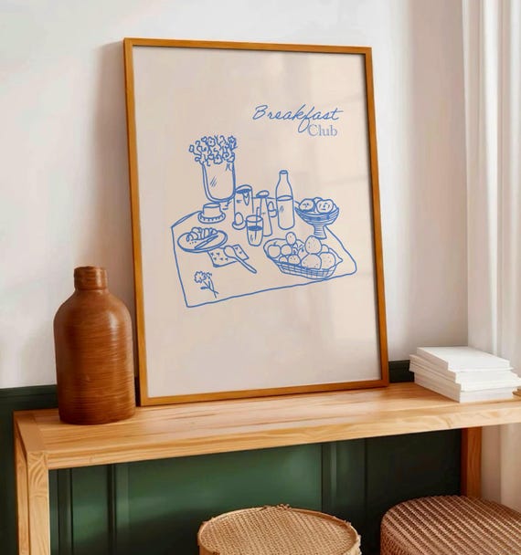 Breakfast Club Print Retro Kitchen Wall Art Hand Drawn Blue Foodie Sketch Minimalist Line Dining Room Decor Funky Cute Poster