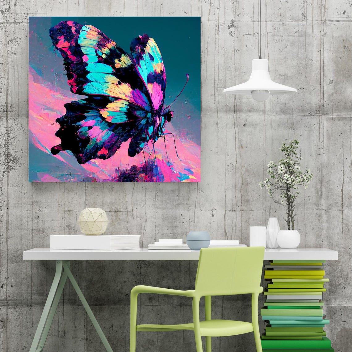 Neon Butterfly Abstract Poster Pink Turquoise Wings On Teal Background - Image 3
