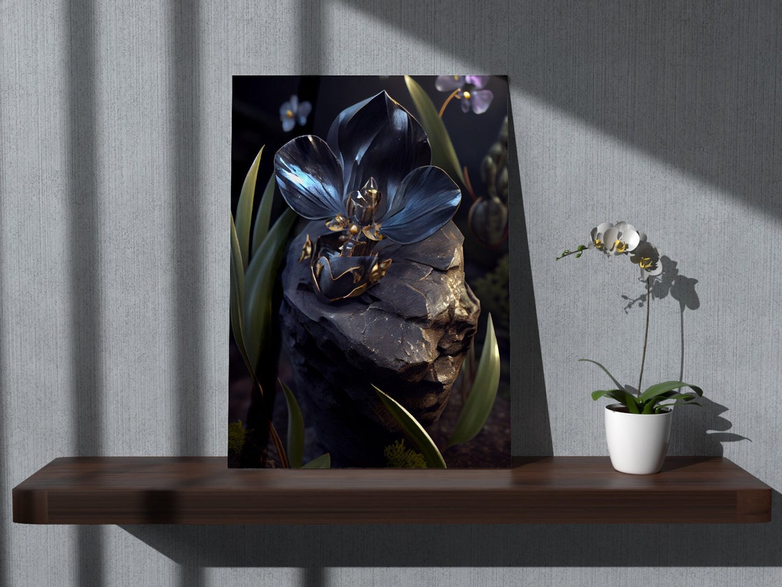 Black Orchid Flower On Dark Stone Moody Botanical Wall Poster - Image 3