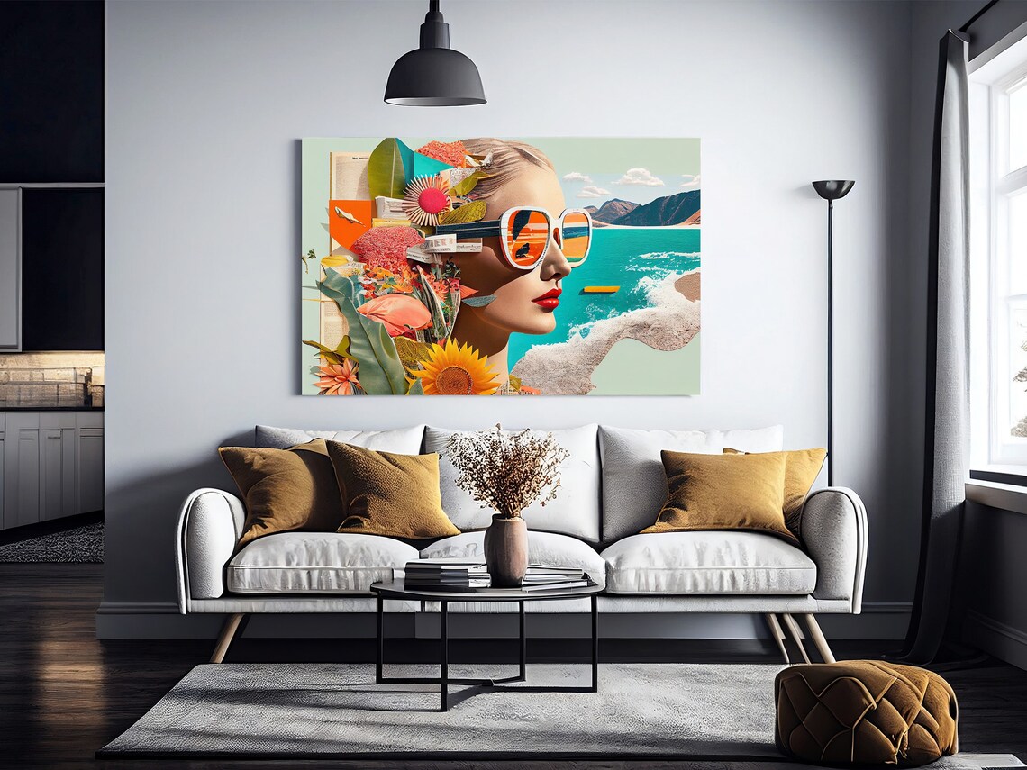 Retro Woman Collage Poster Sunglasses Flowers Beach Surreal Pop Artwork - Image 3