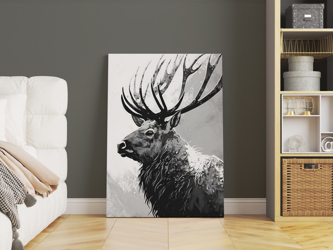 Monochrome Stag Head Portrait Black And White Wildlife Poster - Image 2