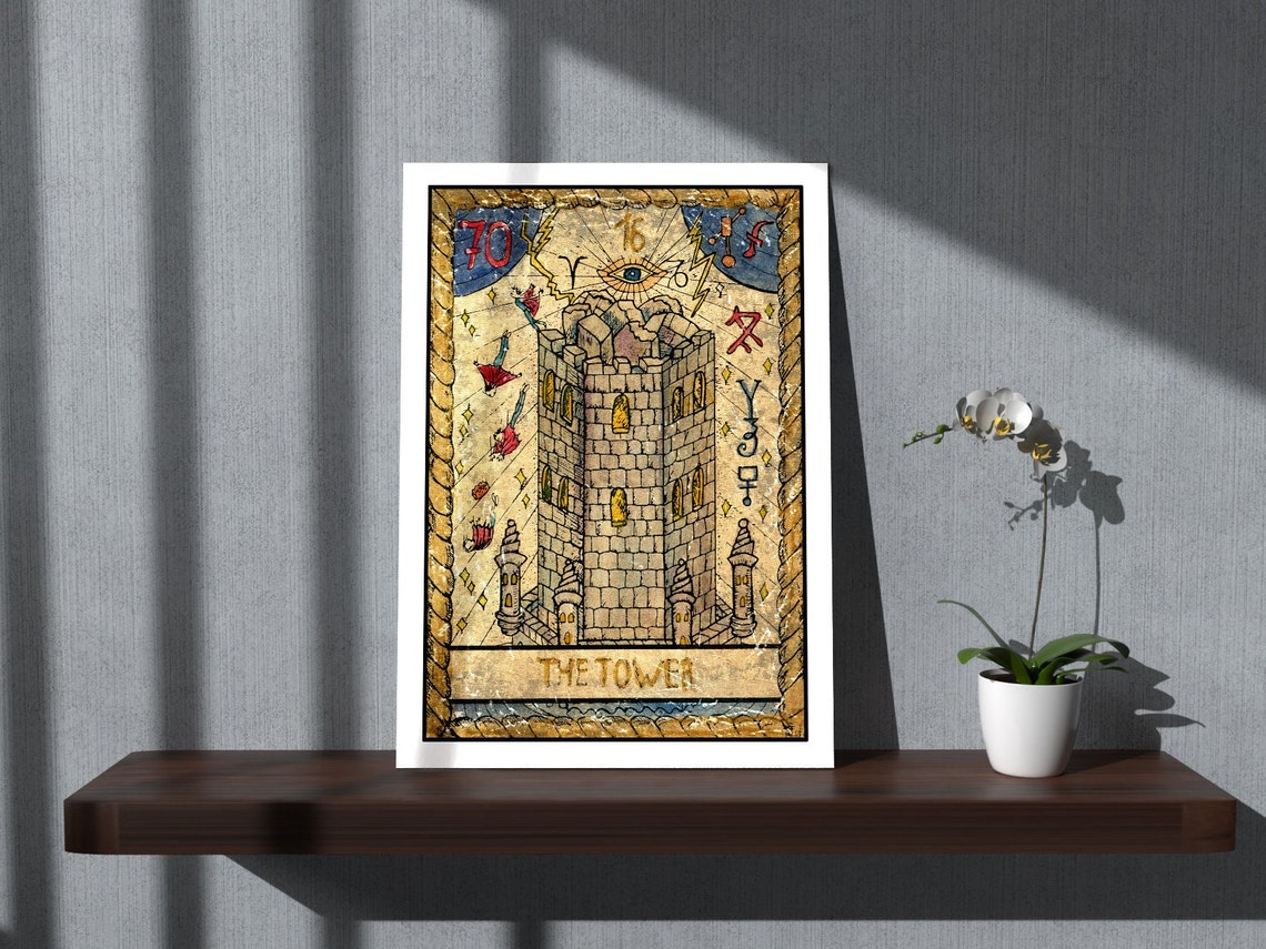 The Tower Tarot Card Art Lightning Struck Stone Tower Vintage Poster - Image 2