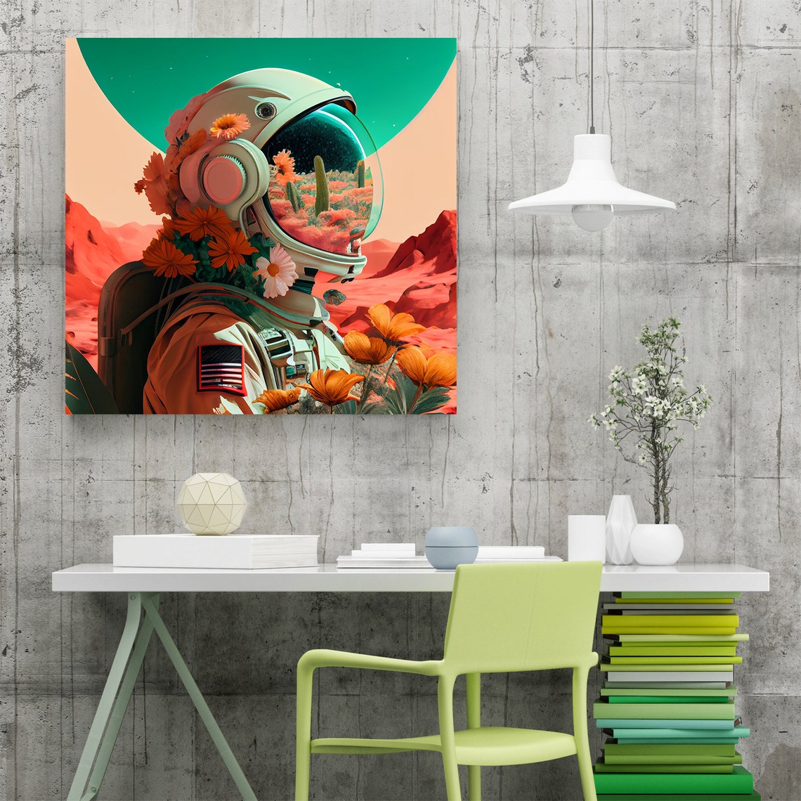 Floral Astronaut Portrait Poster Daisy Helmet Desert Space Collage Art - Image 3