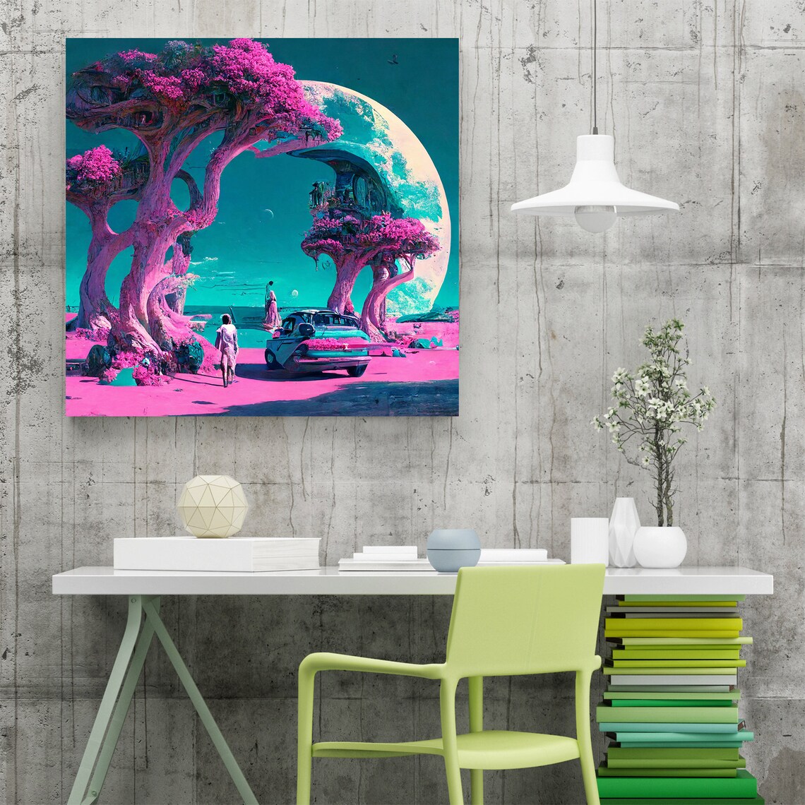 Surreal Retrowave Landscape Poster Pink Blooming Trees Under Crescent Moon - Image 2
