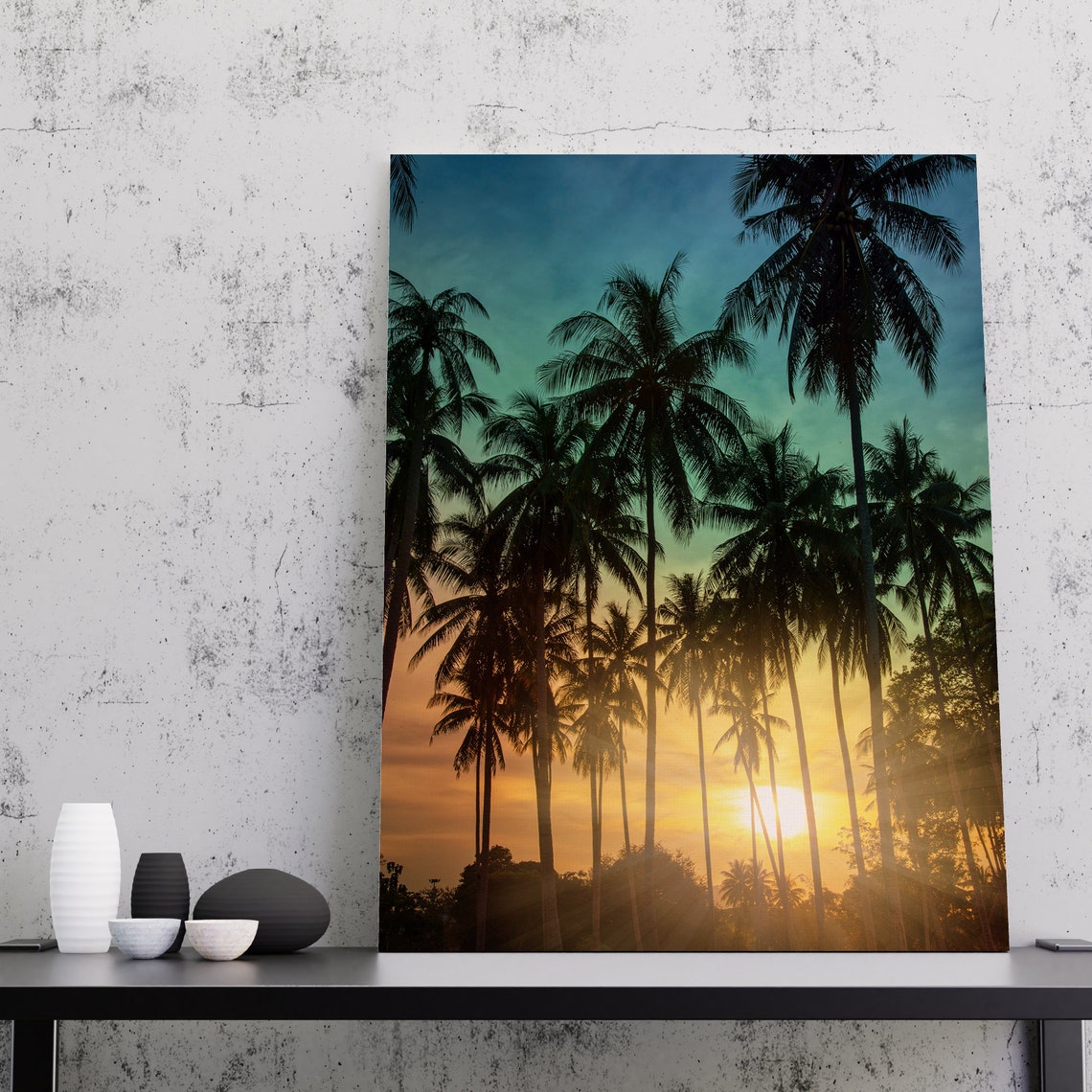 Tropical Palm Tree Silhouettes Against Golden Sunset Sky Poster