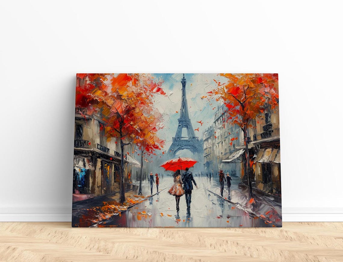 Romantic Couple Under Red Umbrella In Rainy Paris Street Poster