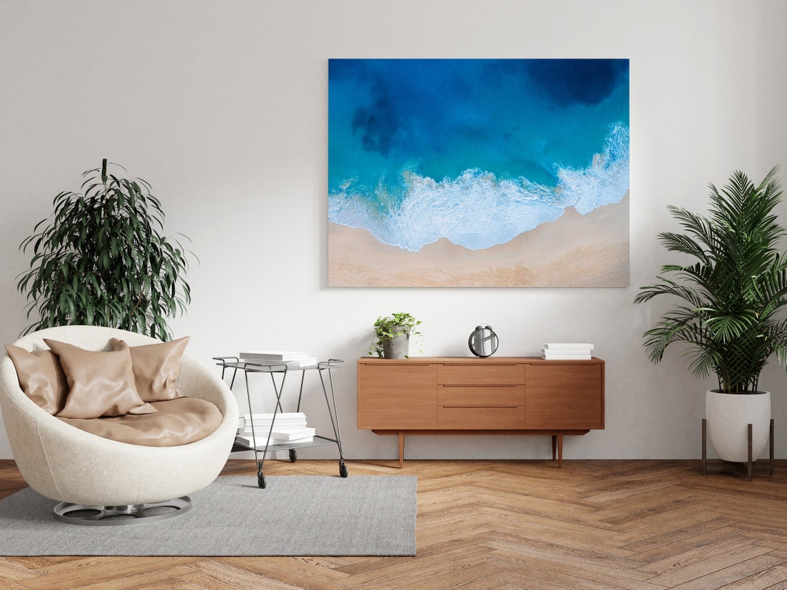 Aerial Ocean Waves Rolling Over Sandy Beach Turquoise Sea Photo Poster - Image 2