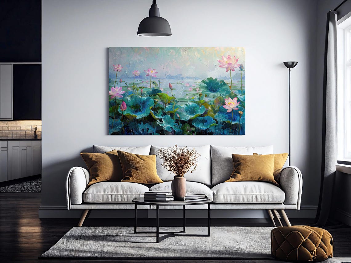 Water Lilies Pond Pink Lotus Flowers Impressionist Style Wall Poster - Image 3