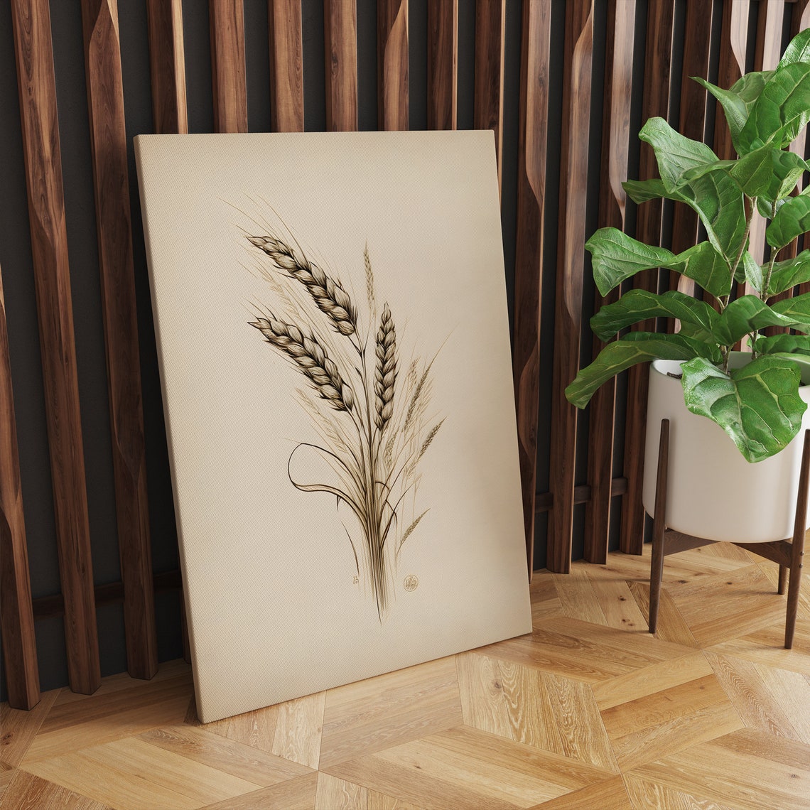 Minimal Wheat Stalks Botanical Line Art On Cream Paper Poster