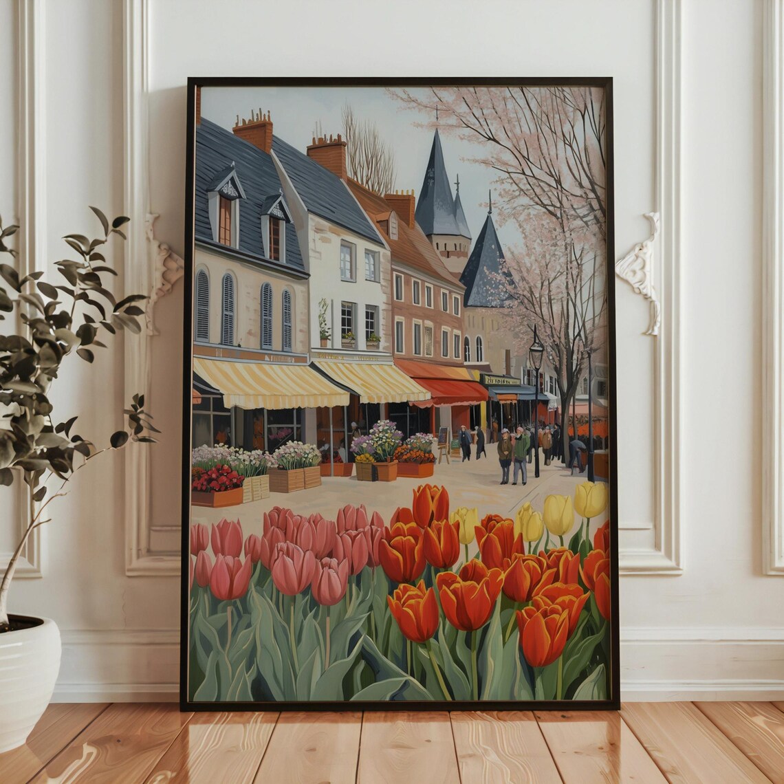 European Flower Shop Street Red Tulips Spring Market Scene Poster - Image 5