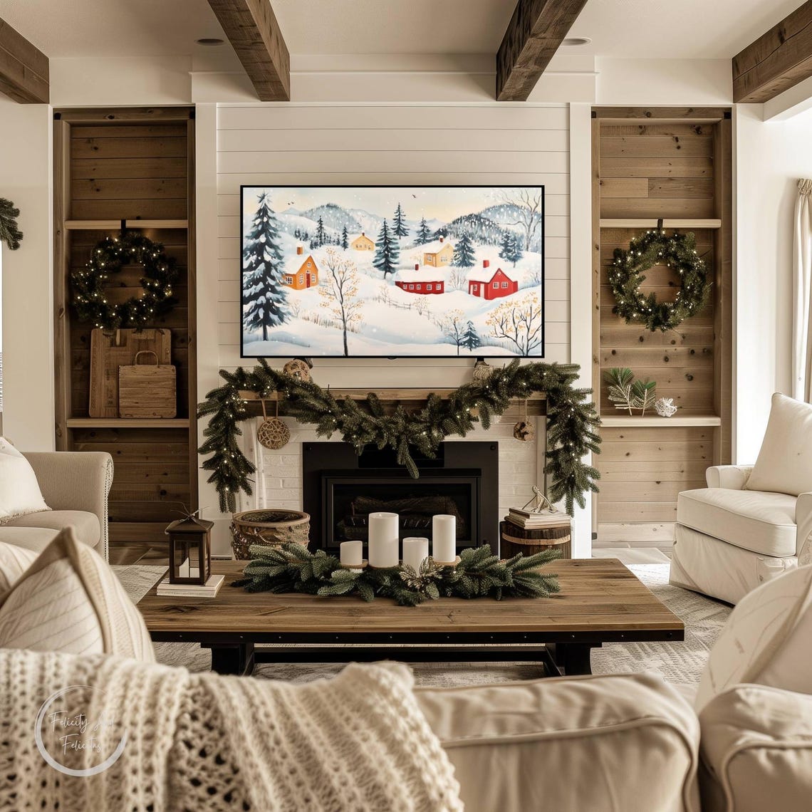 Winter Mountain Cabins In Snowfall Evergreen Trees Scene Poster - Image 3