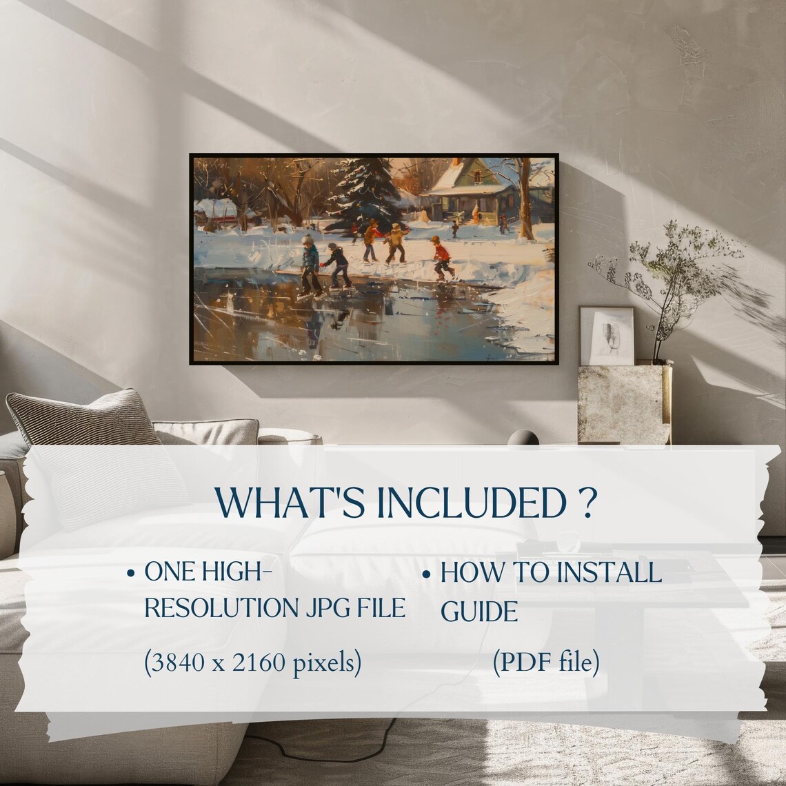 Children Ice Skating Frozen Pond Sunset Farmhouse Winter Poster - Image 2