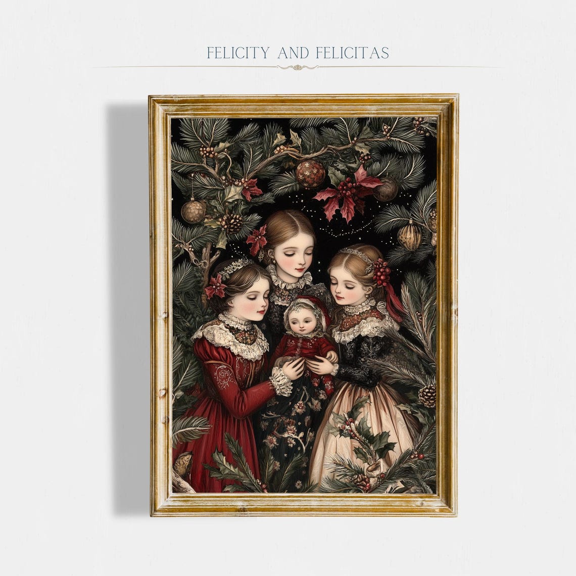 Victorian Girls Christmas Pine Vintage Dark Academia Wall Art