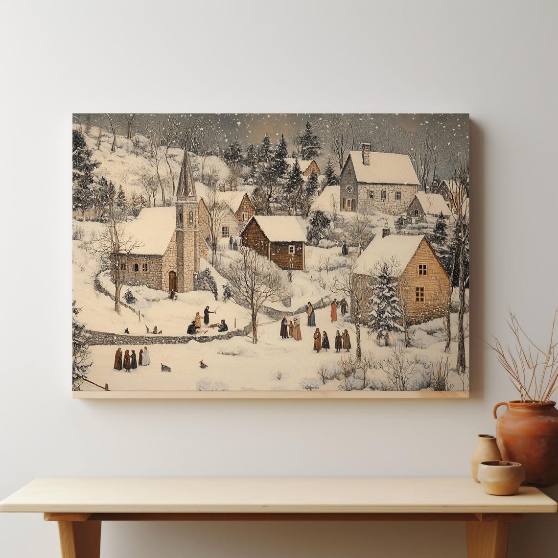 Snowy Village Church With Villagers Winter Gathering Scene Poster - Image 4