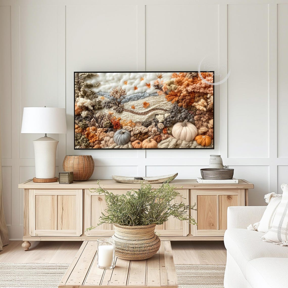 Textured Wool Fiber Art Autumn Landscape Pumpkins Fall Field Poster - Image 3