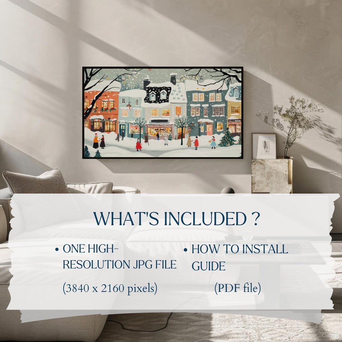 Frame TV Art Whats Included Card with Snowy Village Scene Print