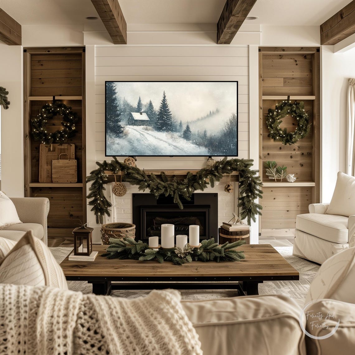 Vintage Winter Log Cabin Pines Falling Snow Landscape Poster - Image 3