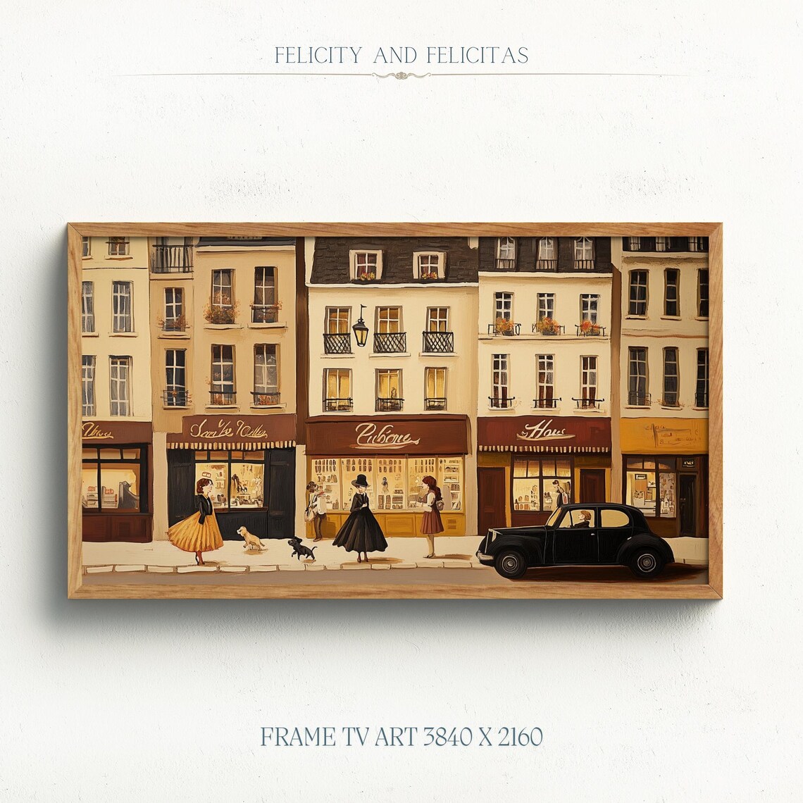 Vintage Paris Street Scene Boutiques Classic Car Stylish Wall Art
