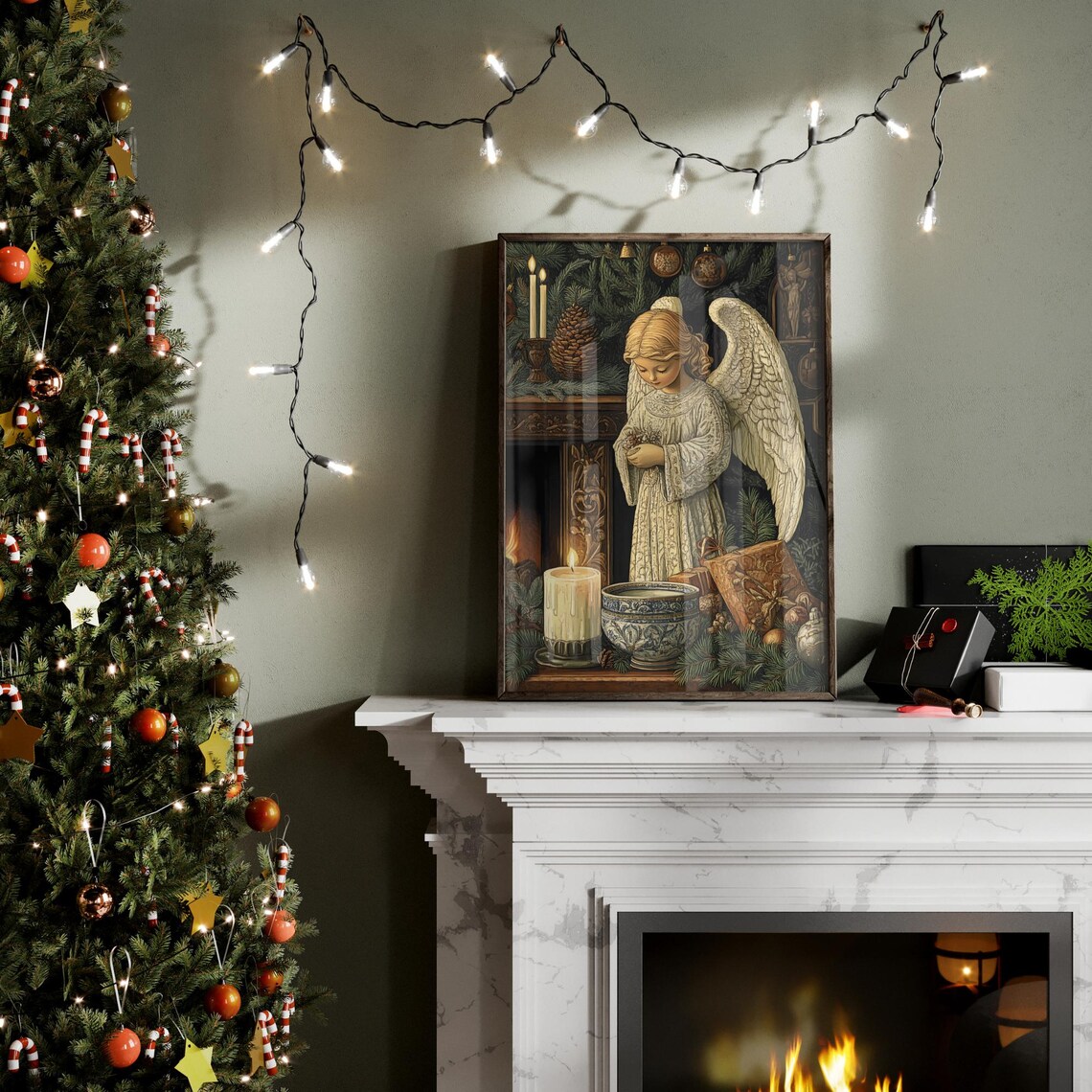 Christmas Angel Girl Fireplace Mantel Vintage Holiday Art Poster - Image 6