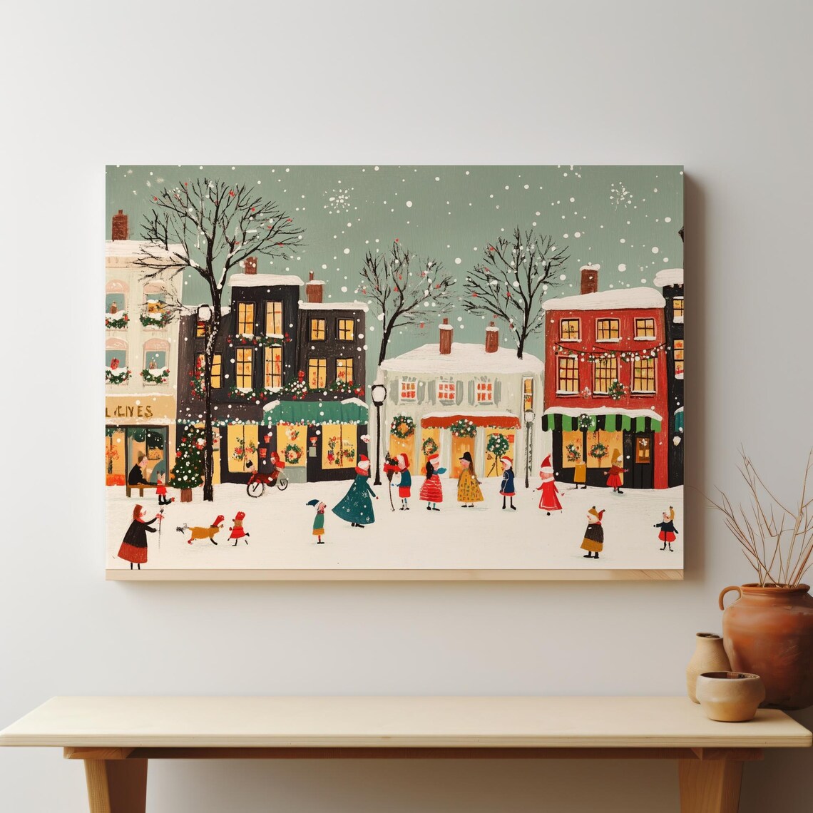 Cheerful Christmas Village Street Snow Shops Children Wall Art - Image 4
