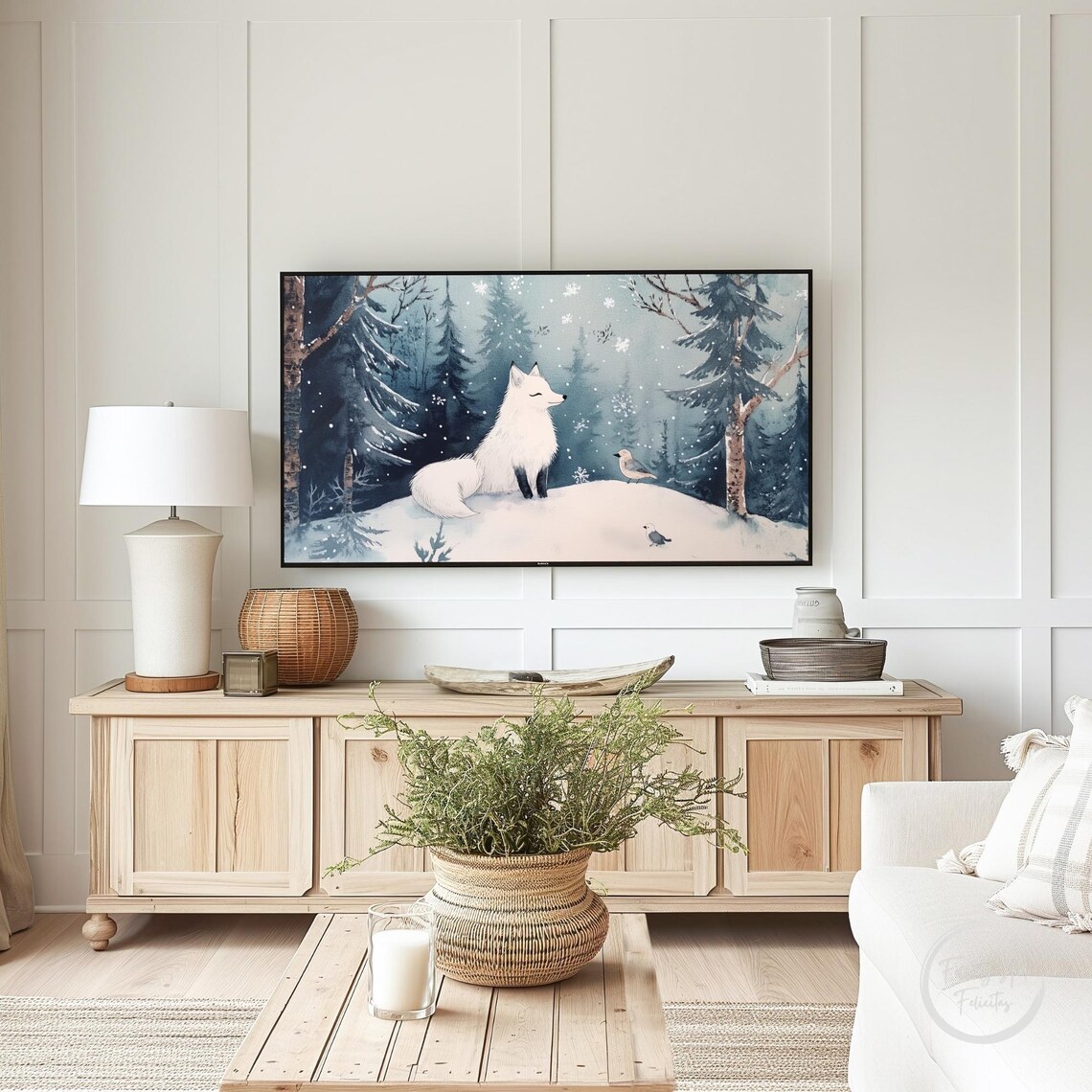 White Arctic Fox Snowy Forest Birds Winter Watercolor Wall Art - Image 3