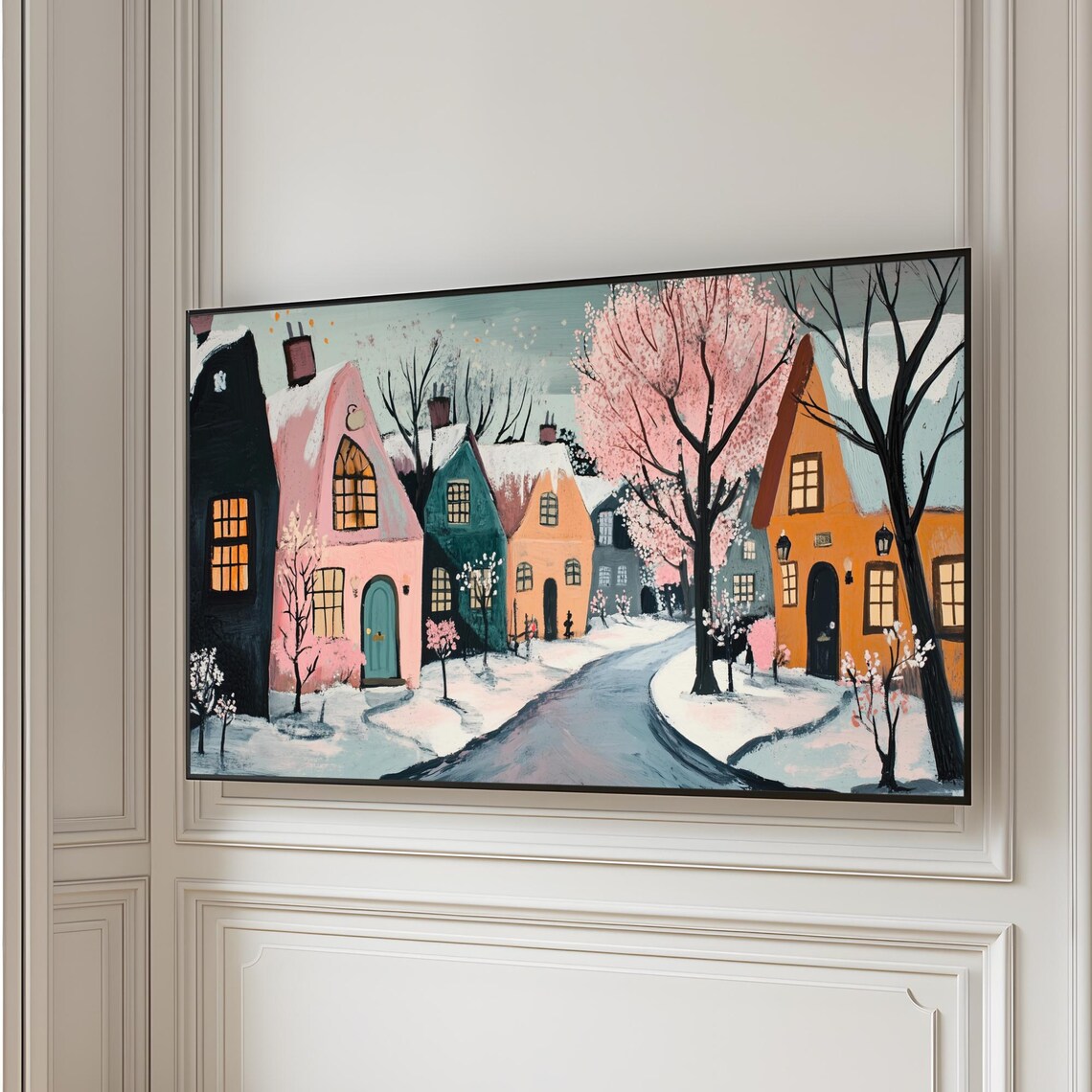 Pastel Valentines Winter Village Pink Trees Snowy Lane Poster - Image 5
