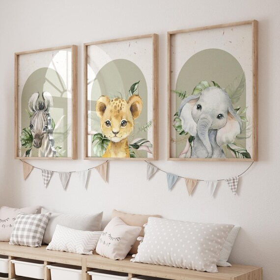 Safari Nursery Set Zebra Lion Cub Elephant Green Arches Wall Art