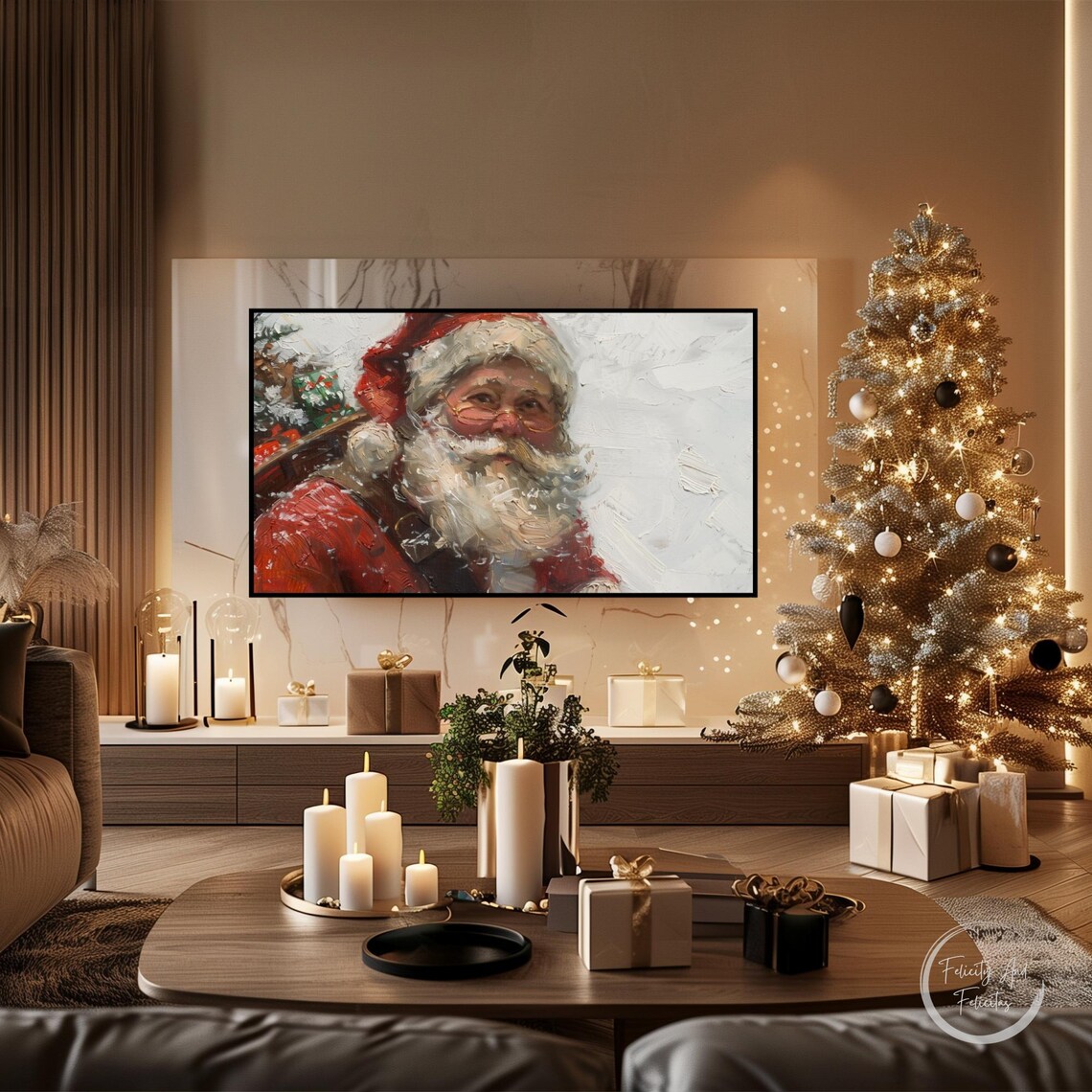 Vintage Santa Claus Portrait Snow Impasto Christmas Wall Art - Image 4