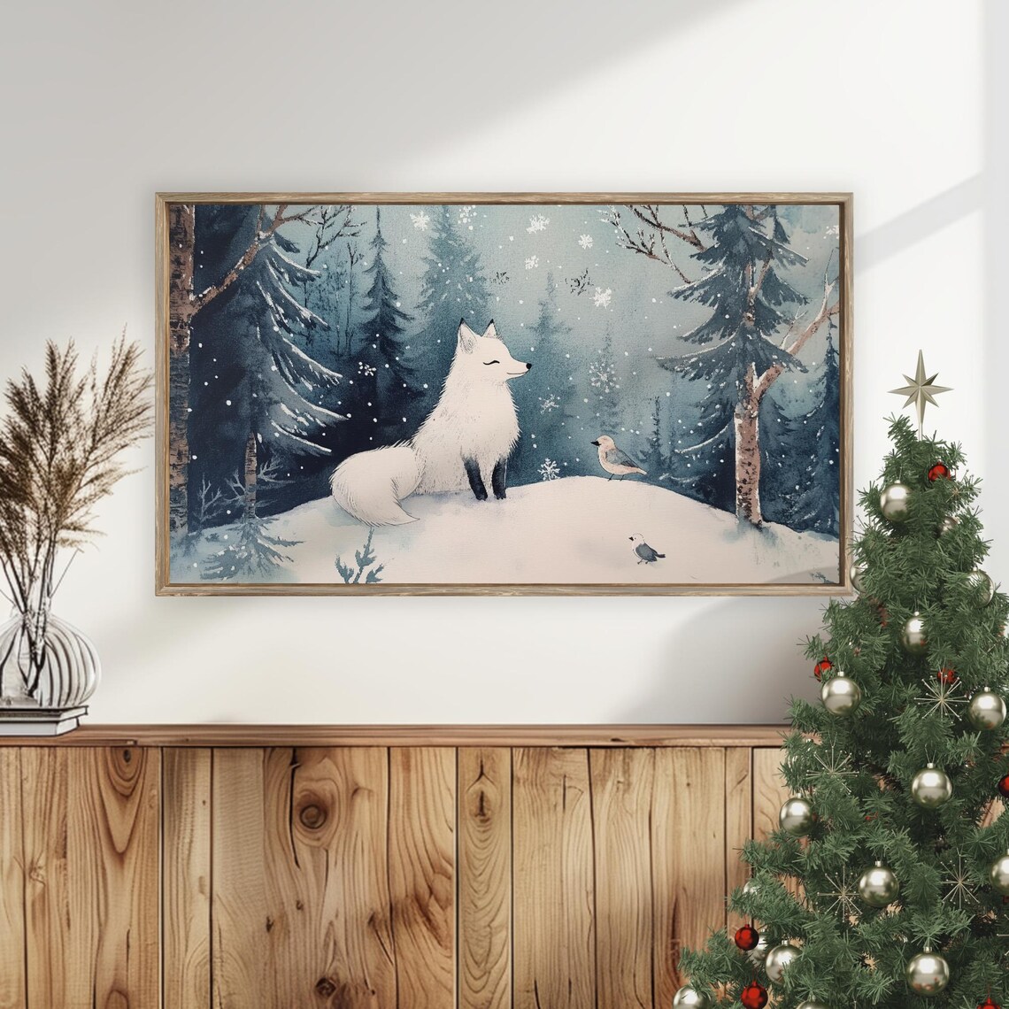 White Arctic Fox Snowy Forest Birds Winter Watercolor Wall Art - Image 5