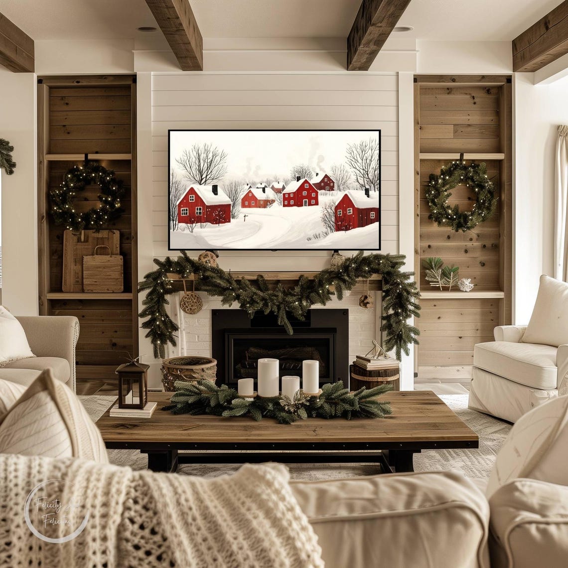 Minimal Winter Village Red Barns Snow Folk Art Serene Wall Art - Image 3
