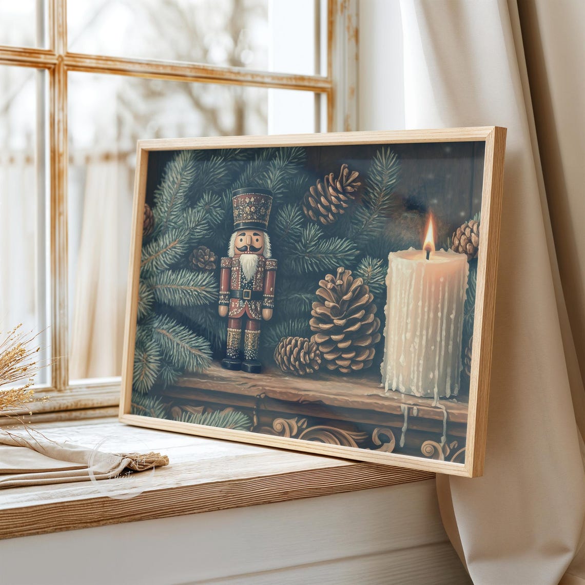 Christmas Nutcracker Soldier Pine Boughs Candle Vintage Wall Art - Image 3