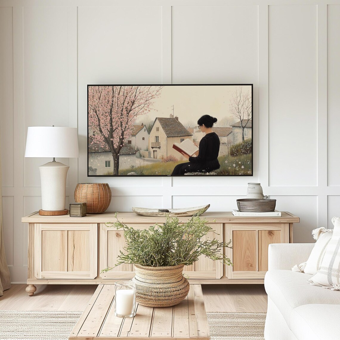 Spring Reading Woman Book Cherry Blossom Tree Village Poster - Image 5