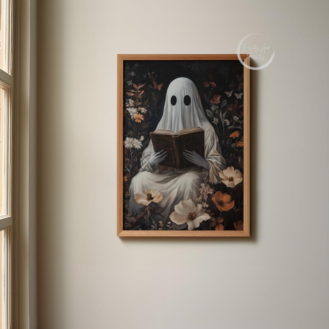 Ghost Reading Book Dark Floral Gothic Halloween Ornate Wall Art - Image 4