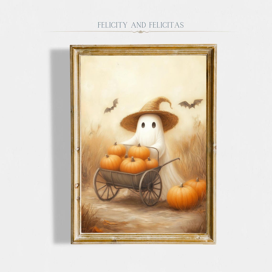 Cute Ghost In Witch Hat Pumpkin Wagon Beige Halloween Wall Art