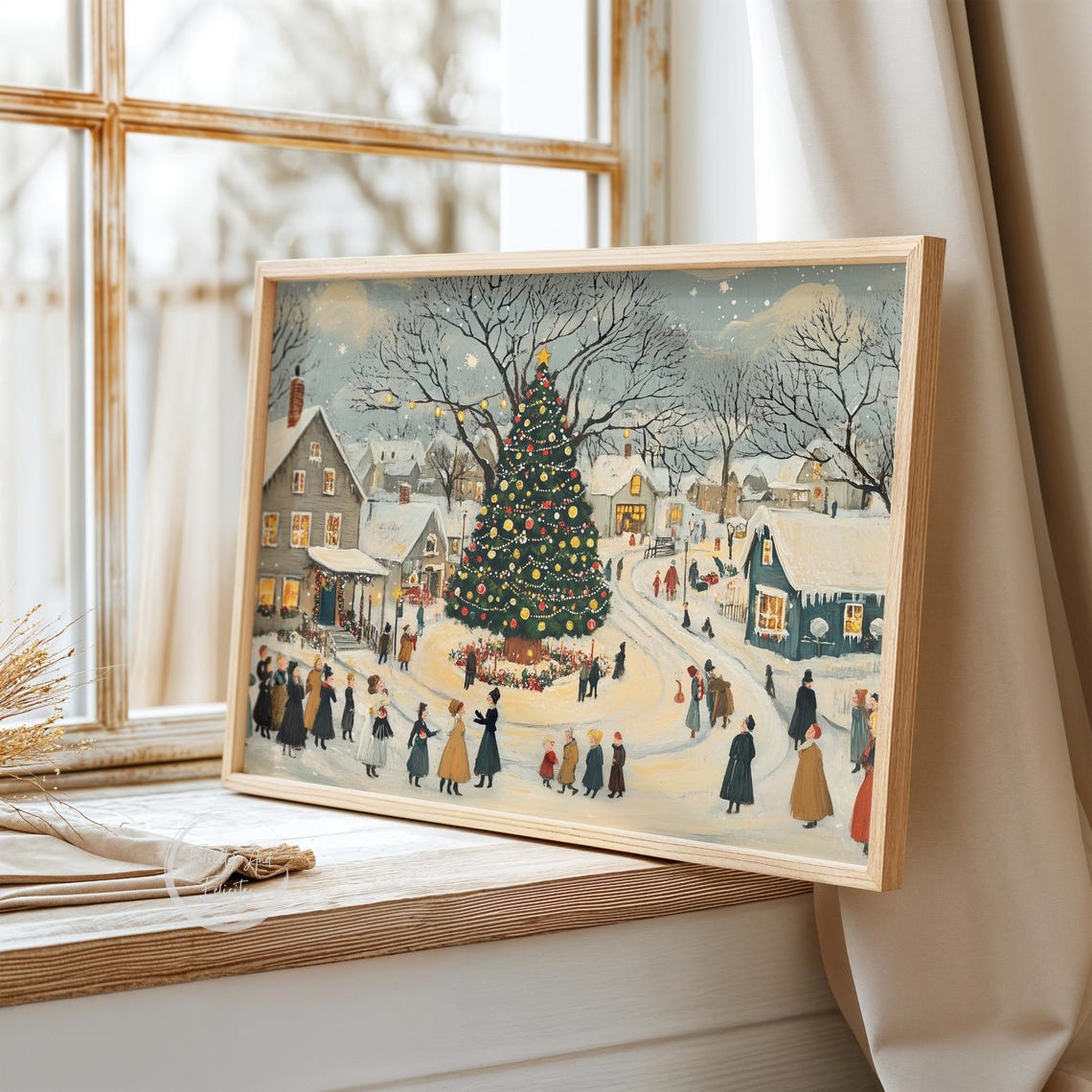 Christmas Eve Town Square Big Tree Villagers Folk Art Poster - Image 3