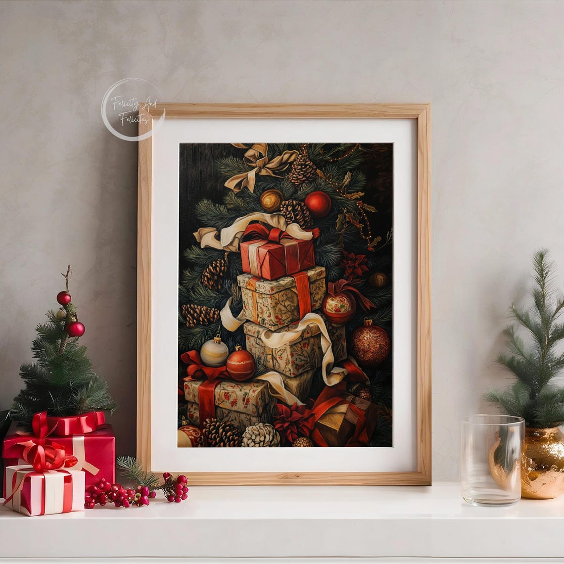 Stacked Christmas Gifts Under Tree Pinecones Vintage Style Poster - Image 5