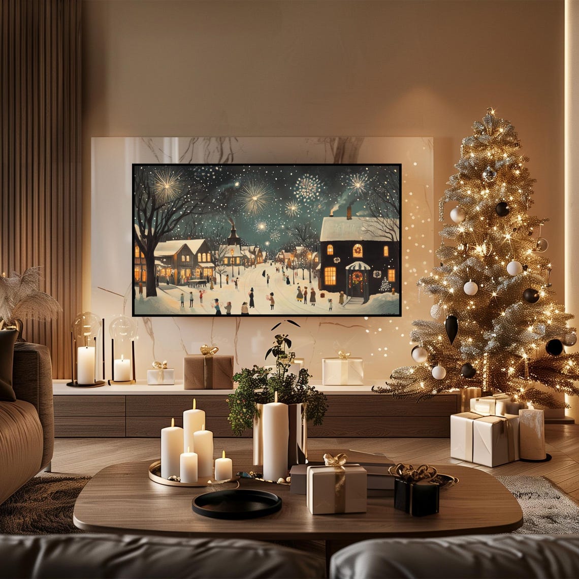 New Years Eve Fireworks Snowy Village Celebration Frame TV Art Poster - Image 6