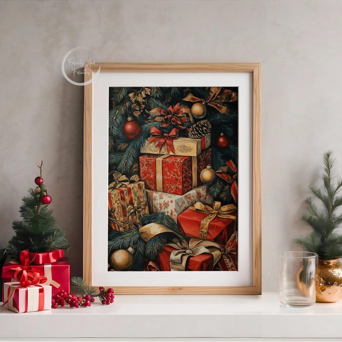 Stacked Red and Gold Christmas Gifts Under Tree Night Poster - Image 5