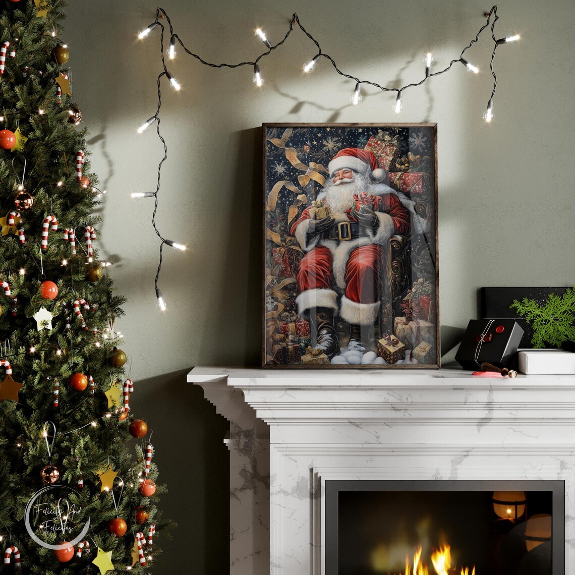 Vintage Santa Claus Holding Gifts Starry Night Christmas Wall Art - Image 6