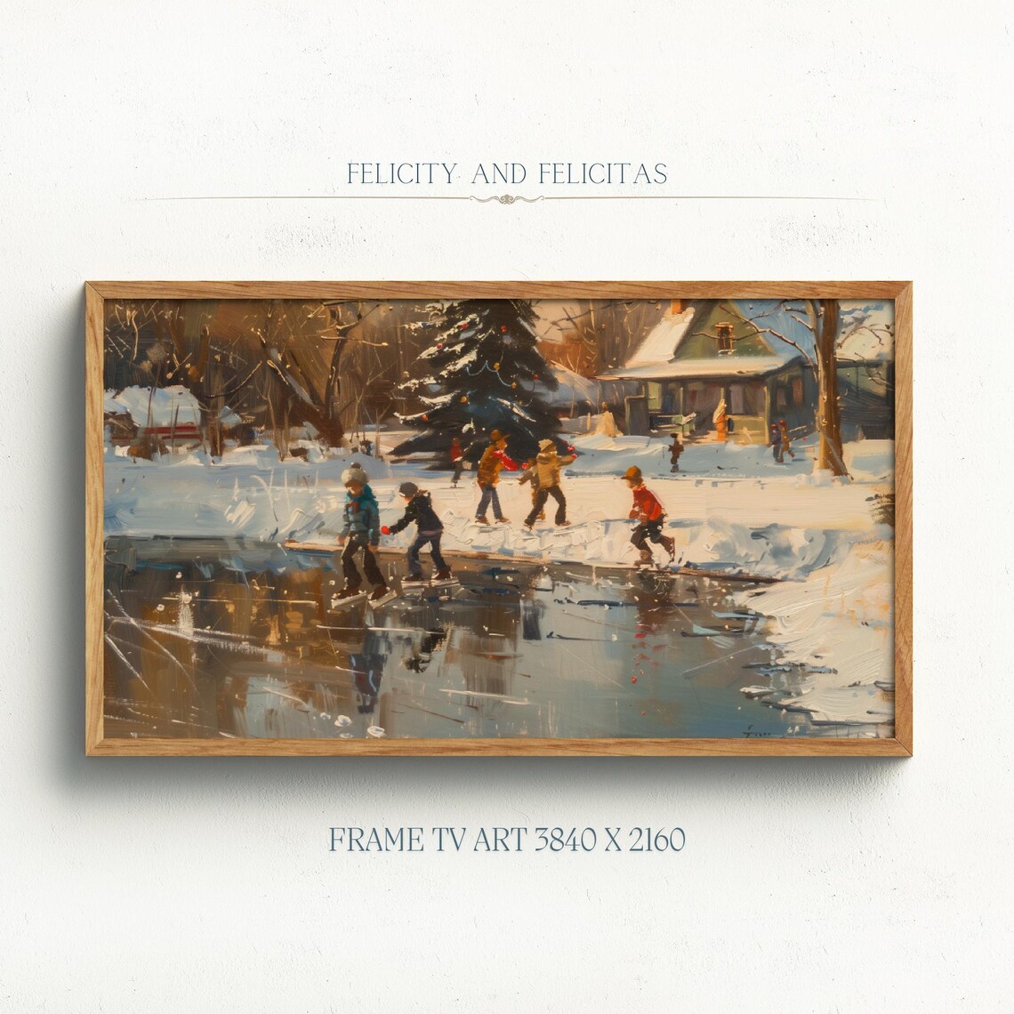 Children Ice Skating Frozen Pond Sunset Farmhouse Winter Poster