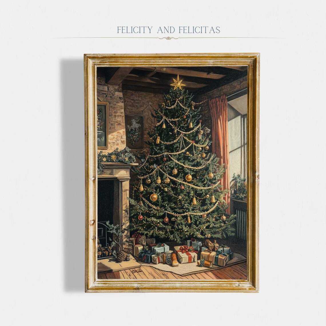 Christmas Tree with Gold Star in Cozy Stone Cottage Room Poster