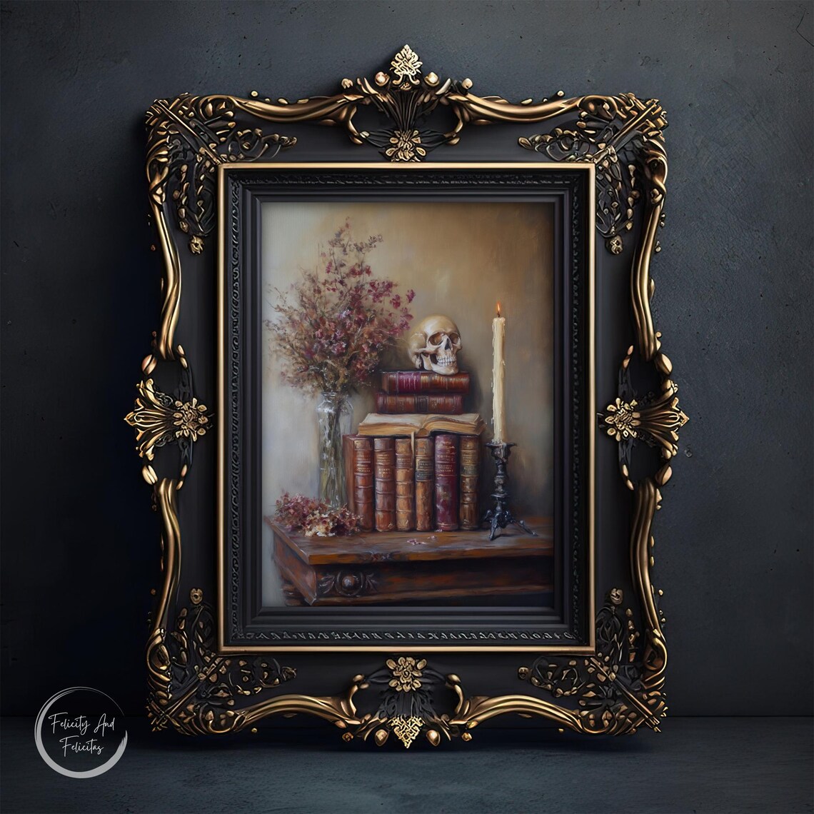 Skull on Vintage Books with Candle Dark Still Life Halloween Wall Art - Image 6