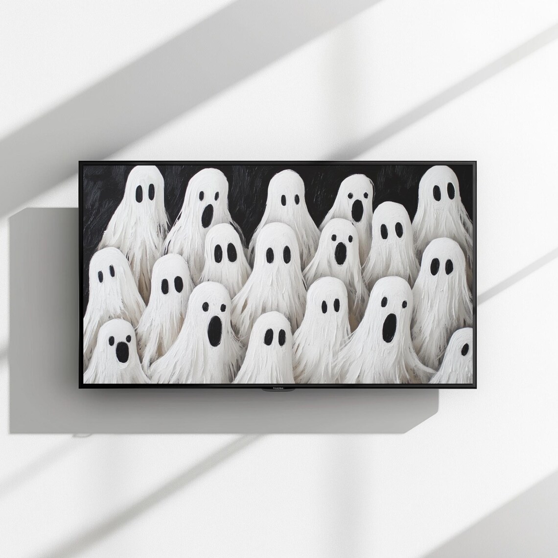 Crowd of Cute White Sheet Ghosts on Black Background Art Poster - Image 3