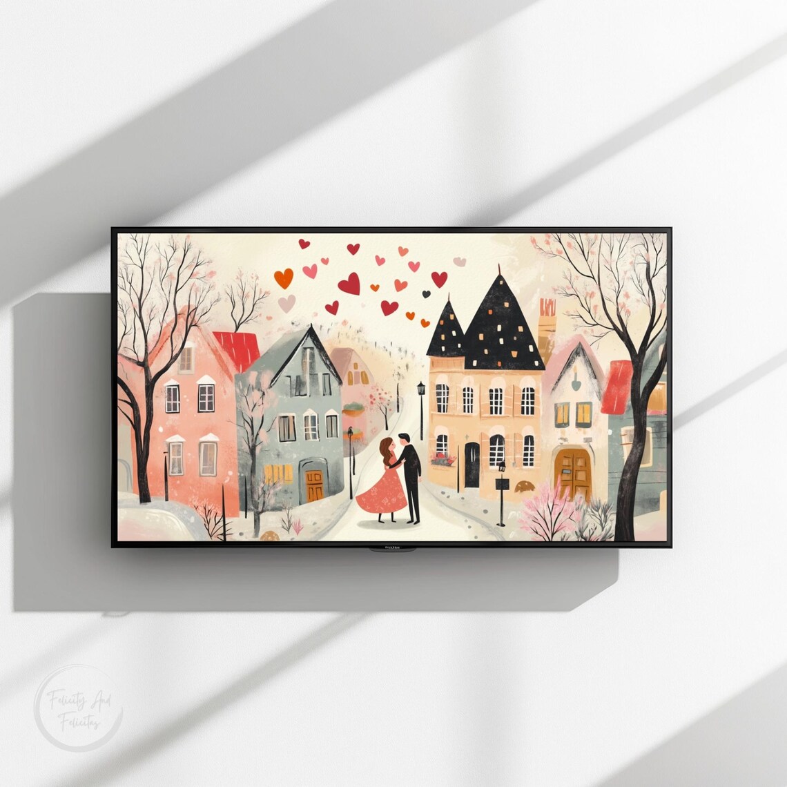 Sweet Valentine Couple Under Floating Hearts Village Street Poster - Image 3