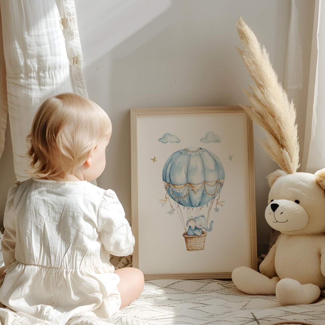 Blue Elephant Riding Hot Air Balloon Watercolor Nursery Wall Art - Image 3