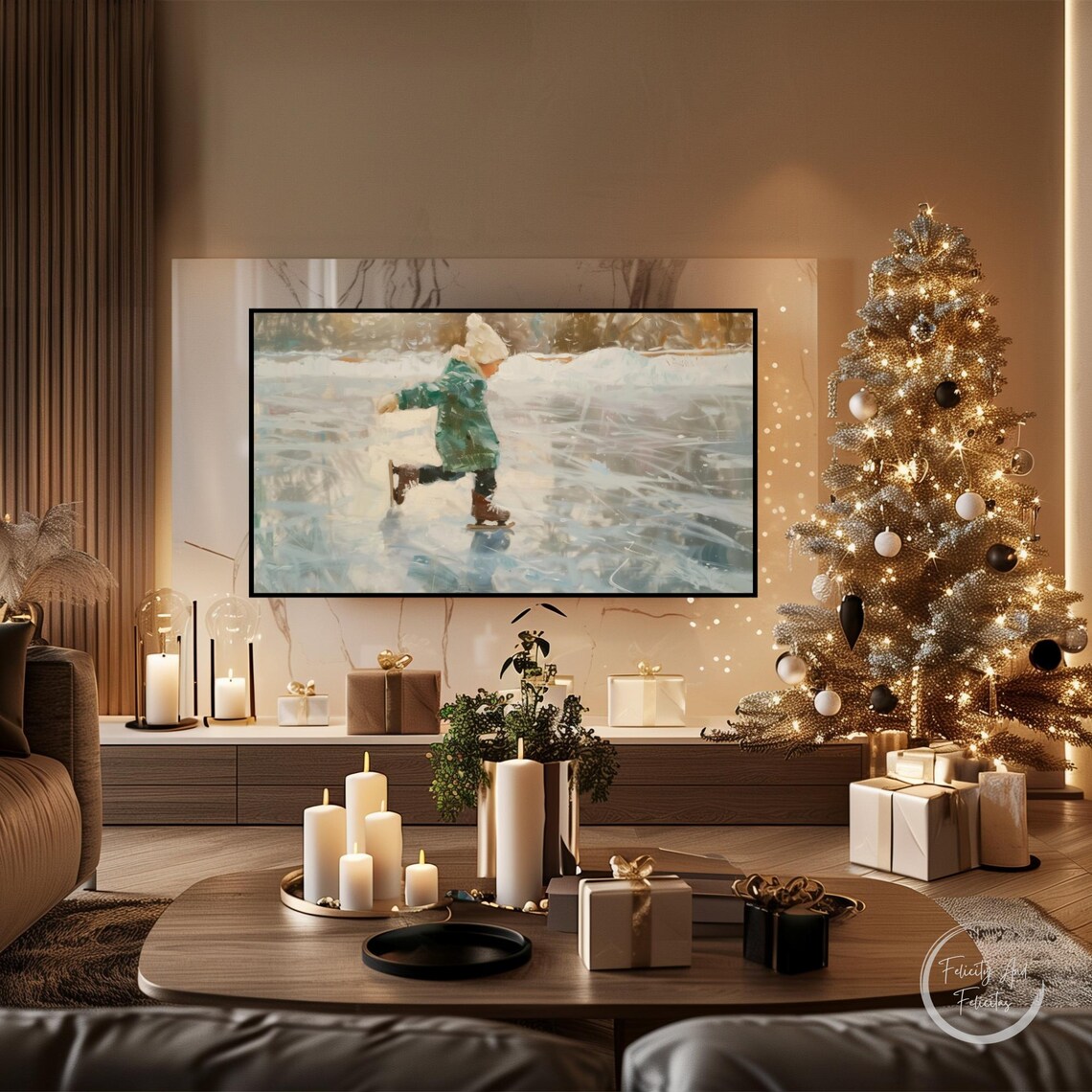 Child Ice Skating Impressionist Painting Frozen Pond Winter Poster - Image 4