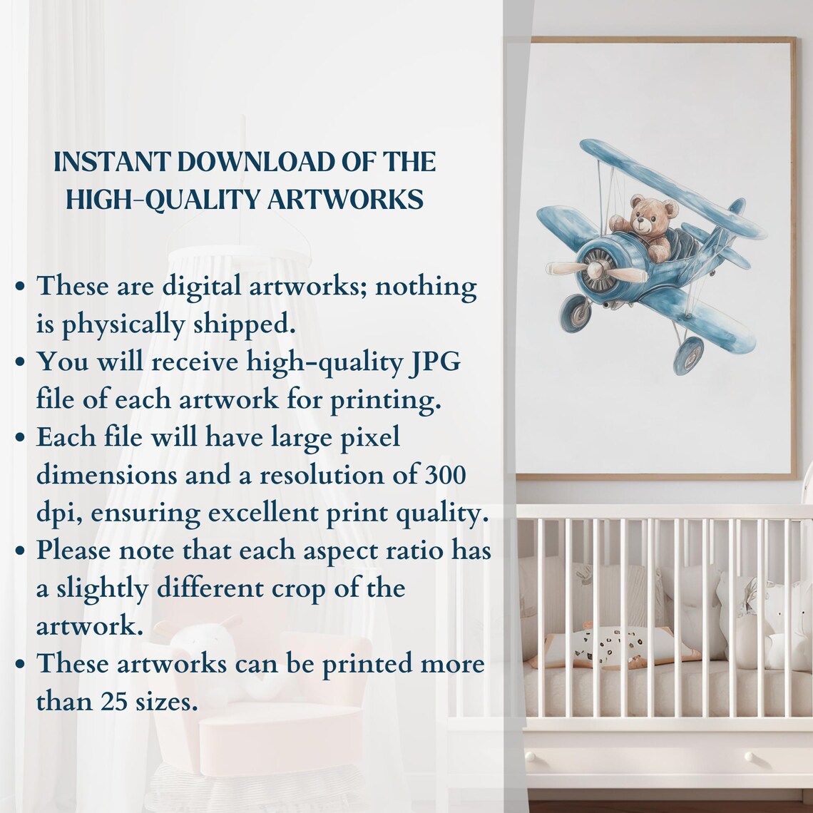Teddy Bear Piloting Blue Biplane Watercolor Nursery Wall Art - Image 2