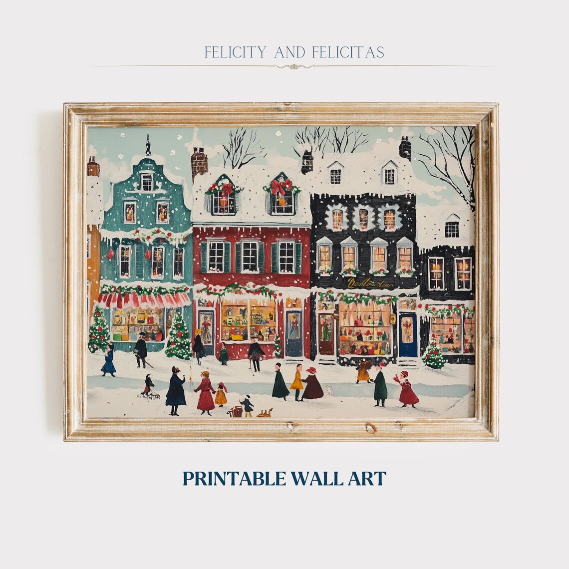 Cheerful Snowy Christmas Town Street Storefronts Joyful Wall Art